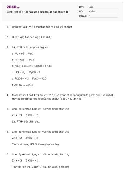 Đề thi Học kì 1 Hóa học lớp 8 cực hay, có đáp án (Đề 1)