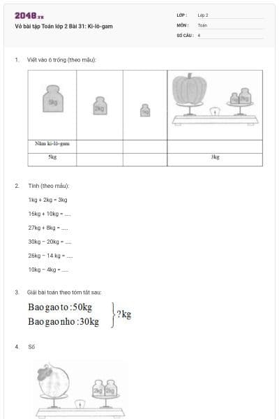 Vở bài tập Toán lớp 2 Bài 31: Ki-lô-gam