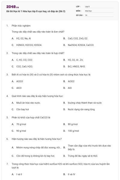 Đề thi Học kì 1 Hóa học lớp 8 cực hay, có đáp án (Đề 3)