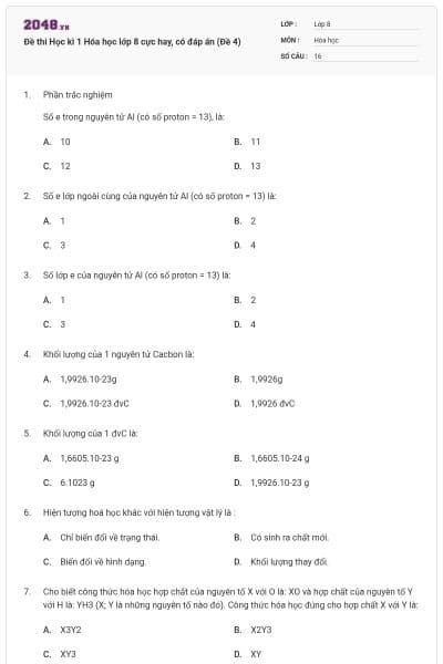 Đề thi Học kì 1 Hóa học lớp 8 cực hay, có đáp án (Đề 4)