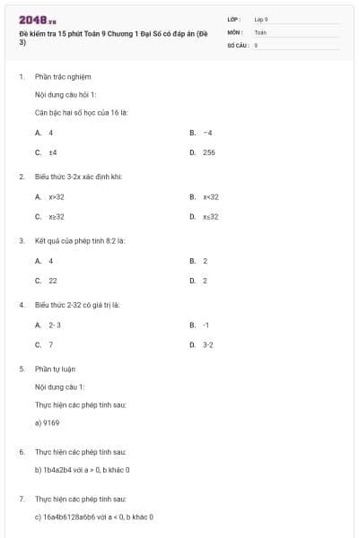 Đề kiểm tra 15 phút Toán 9 Chương 1 Đại Số có đáp án (Đề 3)