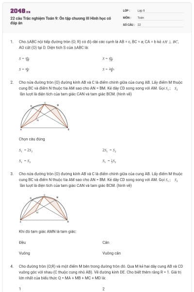 22 câu Trắc nghiệm Toán 9: Ôn tập chương III Hình học có đáp án