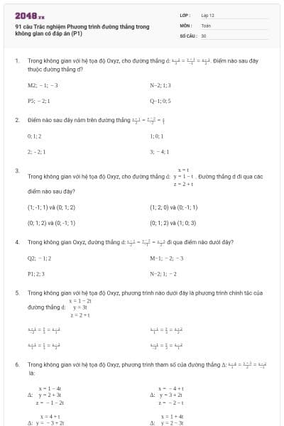 91 câu Trắc nghiệm Phương trình đường thẳng trong không gian có đáp án (P1)