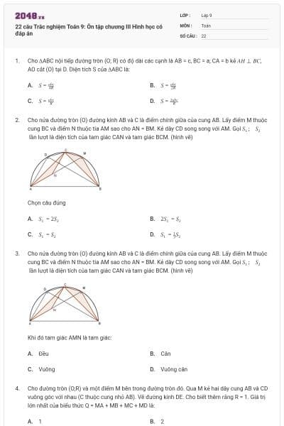 22 câu Trắc nghiệm Toán 9: Ôn tập chương III Hình học có đáp án