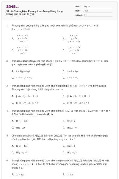 91 câu Trắc nghiệm Phương trình đường thẳng trong không gian có đáp án (P3)