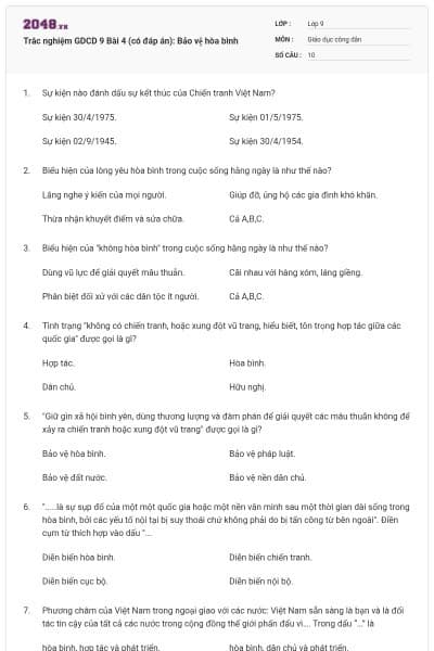 Trắc nghiệm GDCD 9 Bài 4 (có đáp án): Bảo vệ hòa bình