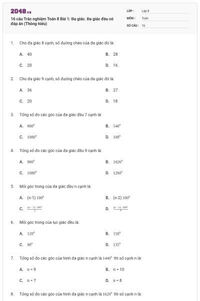 16 câu Trắc nghiệm Toán 8 Bài 1: Đa giác. Đa giác đều có đáp án (Thông hiểu)