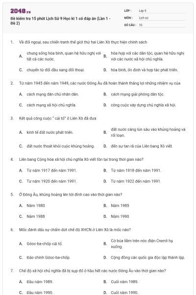 Đề kiểm tra 15 phút Lịch Sử 9 Học kì 1 có đáp án (Lần 1 - Đề 2)