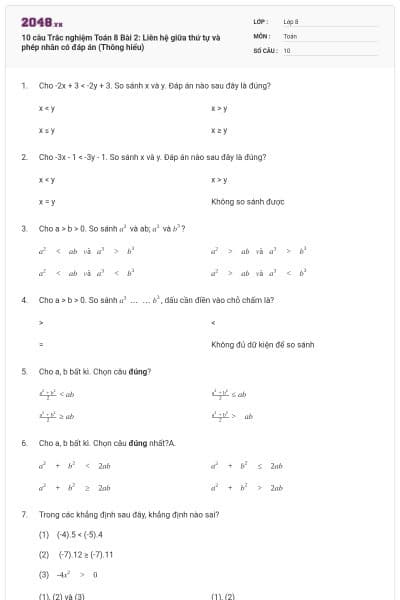 10 câu Trắc nghiệm Toán 8 Bài 2: Liên hệ giữa thứ tự và phép nhân có đáp án (Thông hiểu)