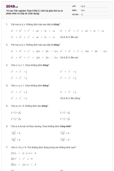 10 câu Trắc nghiệm Toán 8 Bài 2: Liên hệ giữa thứ tự và phép nhân có đáp án (Vận dụng)