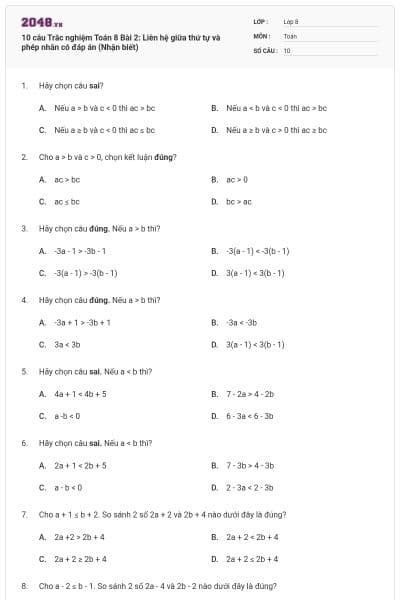 10 câu Trắc nghiệm Toán 8 Bài 2: Liên hệ giữa thứ tự và phép nhân có đáp án (Nhận biết)