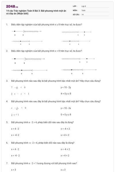14 câu Trắc nghiệm Toán 8 Bài 3: Bất phương trình một ẩn có đáp án (Nhận biết)