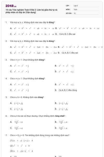 10 câu Trắc nghiệm Toán 8 Bài 2: Liên hệ giữa thứ tự và phép nhân có đáp án (Vận dụng)