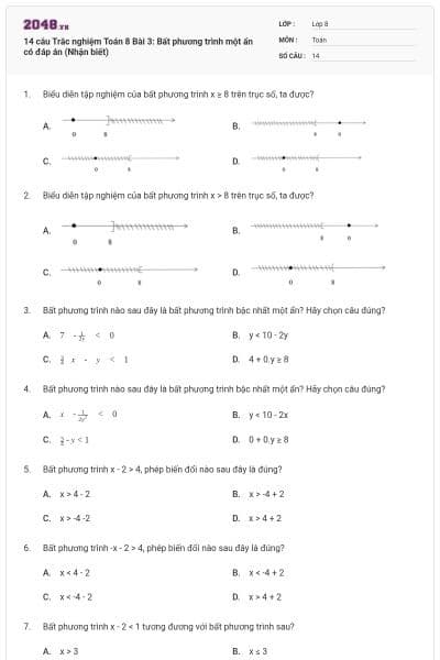 14 câu Trắc nghiệm Toán 8 Bài 3: Bất phương trình một ẩn có đáp án (Nhận biết)