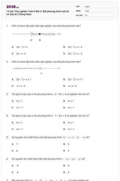 14 câu Trắc nghiệm Toán 8 Bài 3: Bất phương trình một ẩn có đáp án (Thông hiểu)