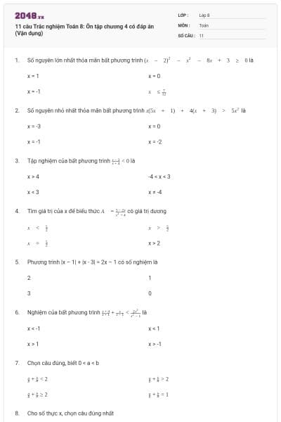 11 câu Trắc nghiệm Toán 8: Ôn tập chương 4 có đáp án (Vận dụng)
