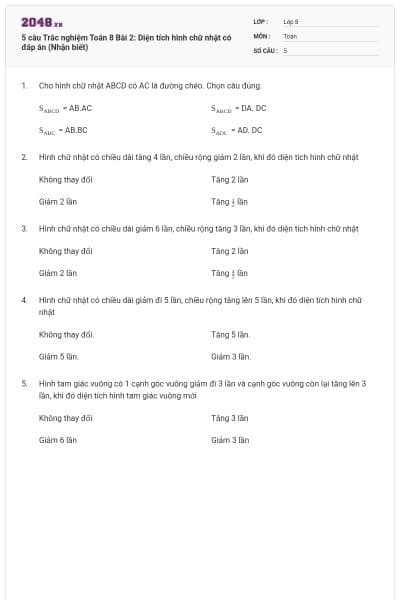 5 câu Trắc nghiệm Toán 8 Bài 2: Diện tích hình chữ nhật có đáp án (Nhận biết)