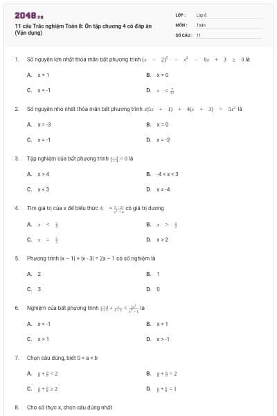 11 câu Trắc nghiệm Toán 8: Ôn tập chương 4 có đáp án (Vận dụng)