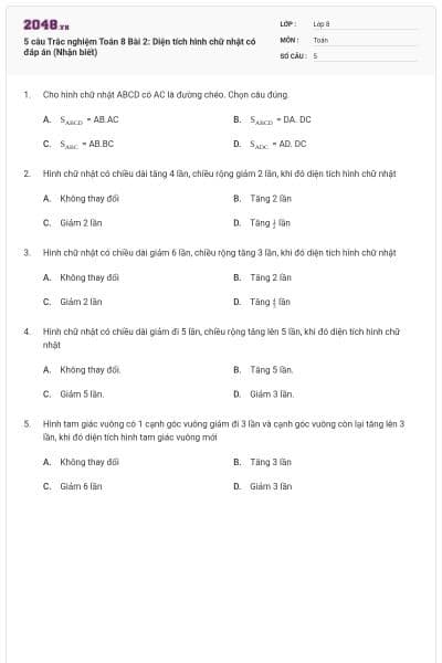 5 câu Trắc nghiệm Toán 8 Bài 2: Diện tích hình chữ nhật có đáp án (Nhận biết)