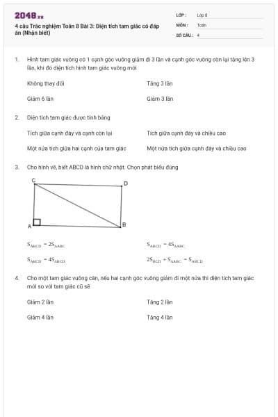 4 câu Trắc nghiệm Toán 8 Bài 3: Diện tích tam giác có đáp án (Nhận biết)
