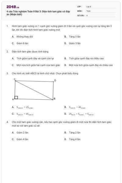 4 câu Trắc nghiệm Toán 8 Bài 3: Diện tích tam giác có đáp án (Nhận biết)