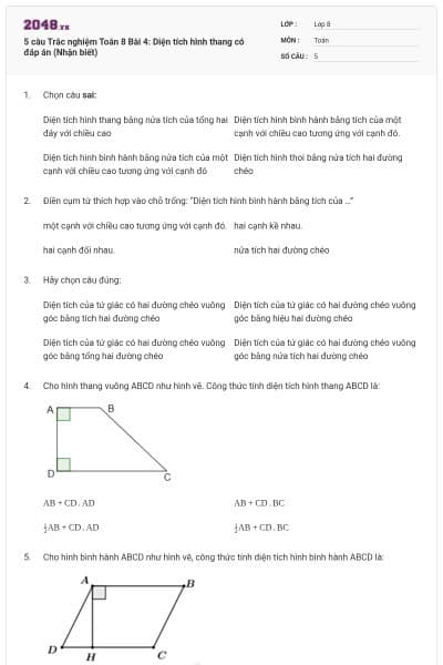 5 câu Trắc nghiệm Toán 8 Bài 4: Diện tích hình thang có đáp án (Nhận biết)