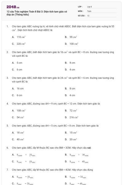 12 câu Trắc nghiệm Toán 8 Bài 3: Diện tích tam giác có đáp án (Thông hiểu)