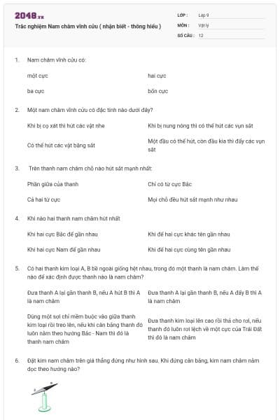 Trắc nghiệm Nam châm vĩnh cửu ( nhận biết - thông hiểu )