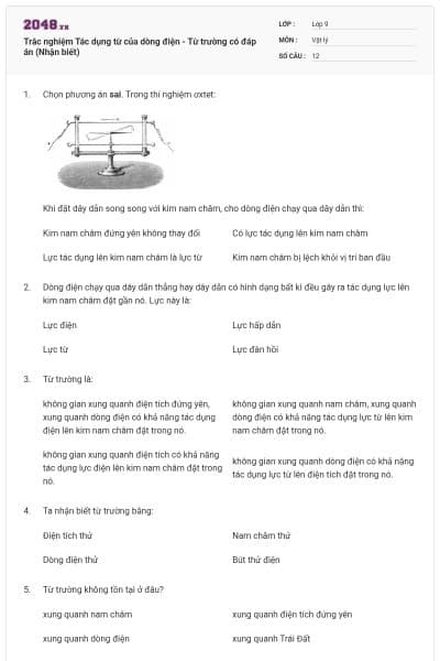 Trắc nghiệm Tác dụng từ của dòng điện - Từ trường có đáp án (Nhận biết)
