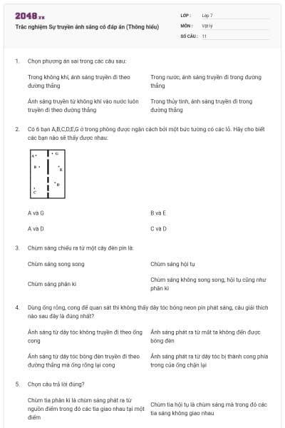 Trắc nghiệm Sự truyền ánh sáng có đáp án (Thông hiểu)