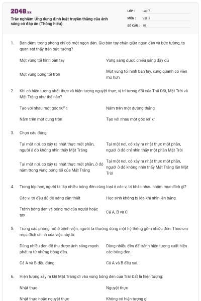 Trắc nghiệm Ứng dụng định luật truyền thẳng của ánh sáng có đáp án (Thông hiểu)