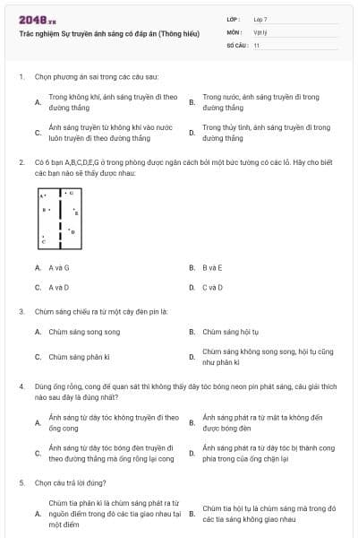 Trắc nghiệm Sự truyền ánh sáng có đáp án (Thông hiểu)