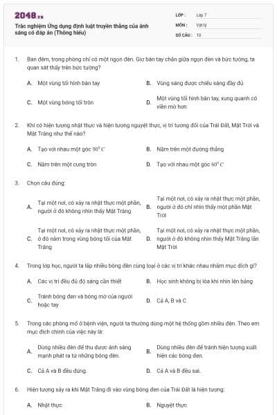 Trắc nghiệm Ứng dụng định luật truyền thẳng của ánh sáng có đáp án (Thông hiểu)