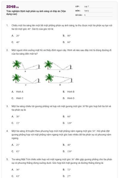 Trắc nghiệm Định luật phản xạ ánh sáng có đáp án (Vận dụng cao)