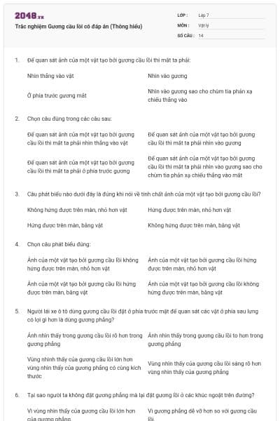 Trắc nghiệm Gương cầu lồi có đáp án (Thông hiểu)