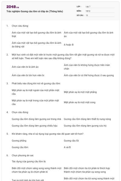 Trắc nghiệm Gương cầu lõm có đáp án (Thông hiểu)