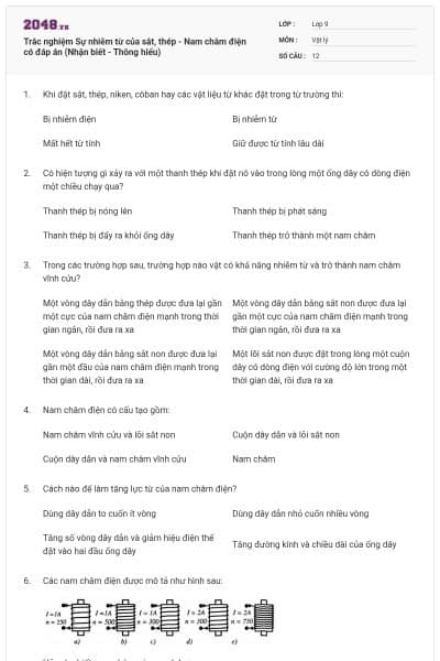 Trắc nghiệm Sự nhiễm từ của sắt, thép - Nam châm điện có đáp án (Nhận biết - Thông hiểu)