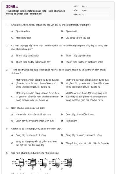 Trắc nghiệm Sự nhiễm từ của sắt, thép - Nam châm điện có đáp án (Nhận biết - Thông hiểu)