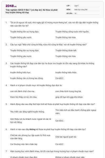 Trắc nghiệm GDCD 9 Bài 7 (có đáp án): Kế thừa và phát huy truyền thống tốt đẹp