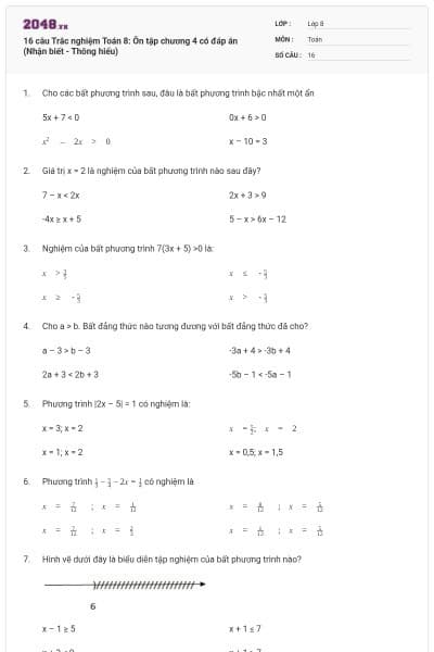 16 câu Trắc nghiệm Toán 8: Ôn tập chương 4 có đáp án (Nhận biết - Thông hiểu)