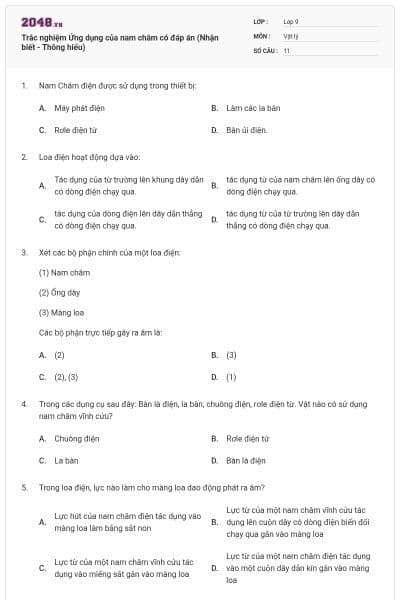 Trắc nghiệm Ứng dụng của nam châm có đáp án (Nhận biết - Thông hiểu)