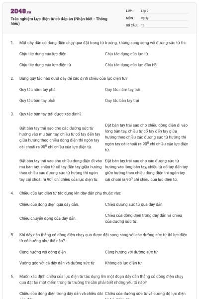 Trắc nghiệm Lực điện từ có đáp án (Nhận biết - Thông hiểu)