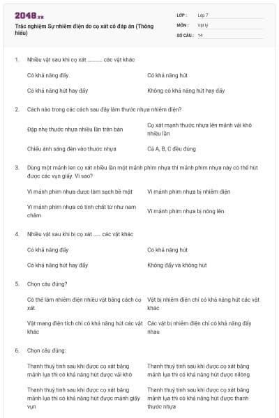 Trắc nghiệm Sự nhiễm điện do cọ xát có đáp án (Thông hiểu)