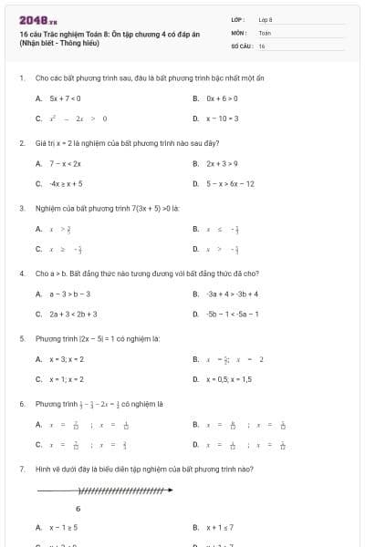 16 câu Trắc nghiệm Toán 8: Ôn tập chương 4 có đáp án (Nhận biết - Thông hiểu)