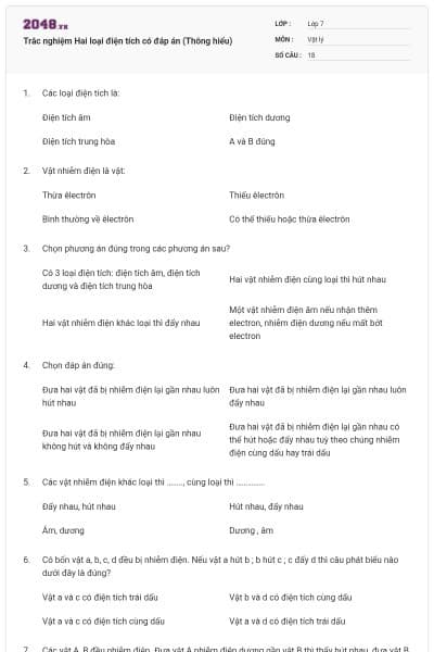 Trắc nghiệm Hai loại điện tích có đáp án (Thông hiểu)