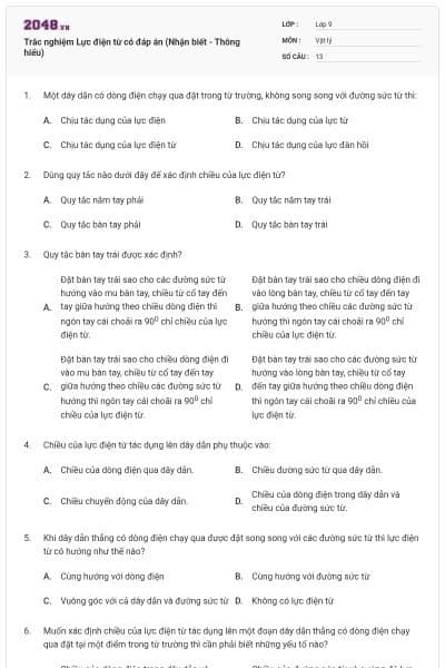 Trắc nghiệm Lực điện từ có đáp án (Nhận biết - Thông hiểu)