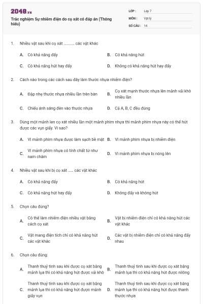 Trắc nghiệm Sự nhiễm điện do cọ xát có đáp án (Thông hiểu)