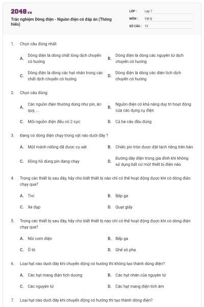 Trắc nghiệm Dòng điện - Nguồn điện có đáp án (Thông hiểu)