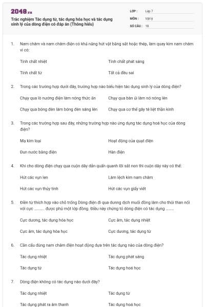 Trắc nghiệm Tác dụng từ, tác dụng hóa học và tác dụng sinh lý của dòng điện có đáp án (Thông hiểu)