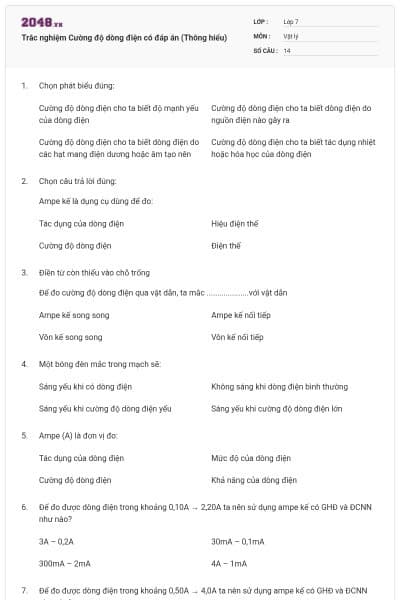 Trắc nghiệm Cường độ dòng điện có đáp án (Thông hiểu)